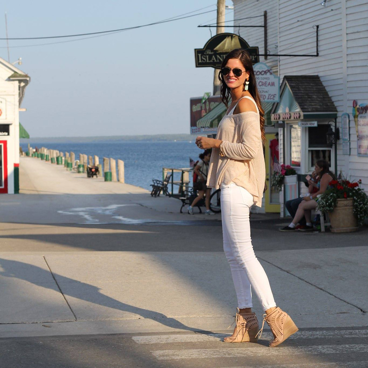 Tan Swing Top White Skinny Jeans Nude Cutout Wedges