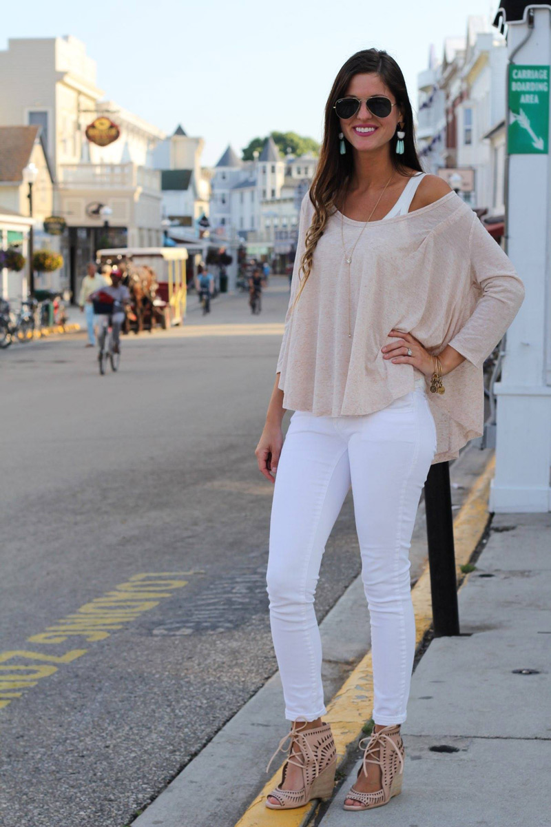 Tan Swing Top White Skinny Jeans Nude Cut-Out Wedges