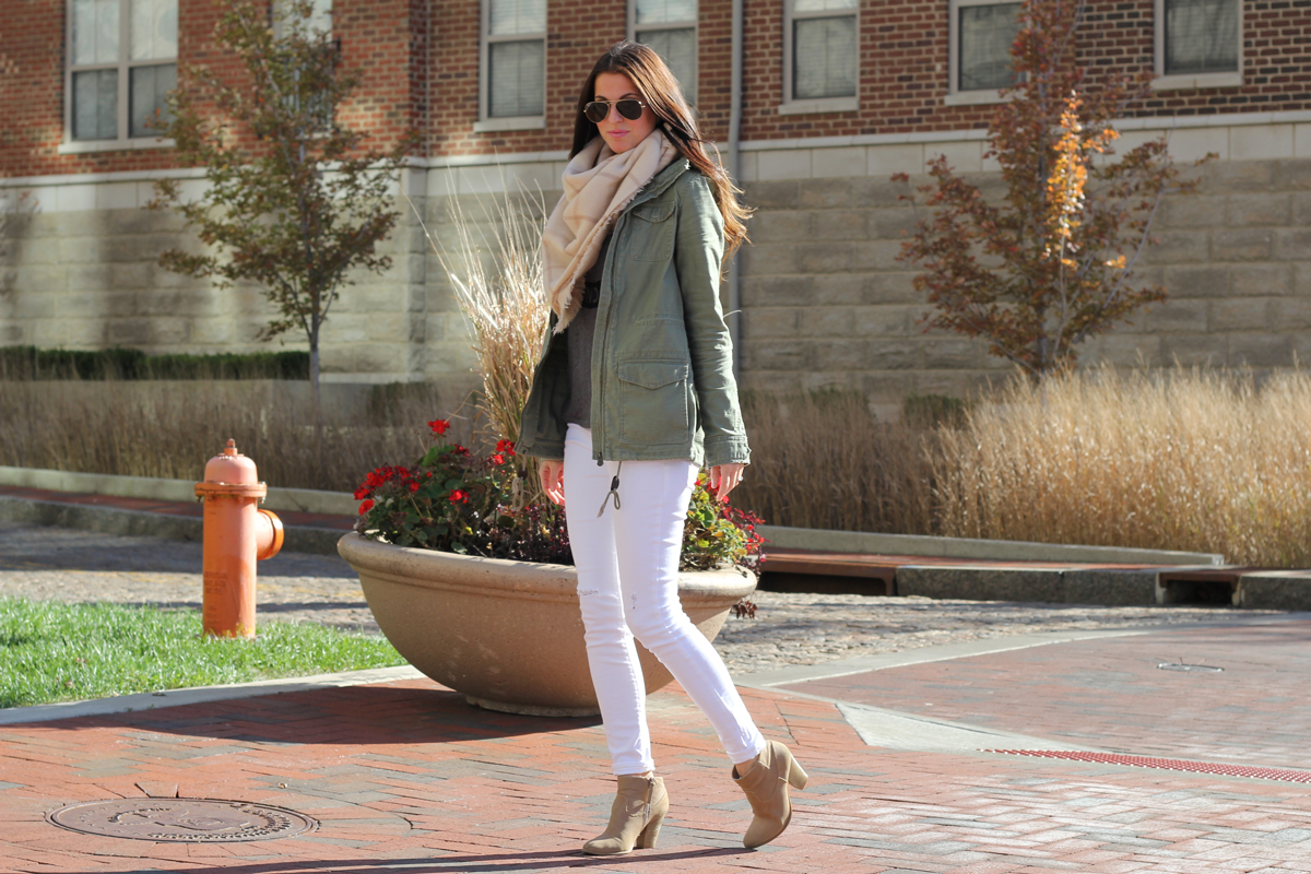 Blanket Scarf and Army Green Jacket and White Skinny Jeans