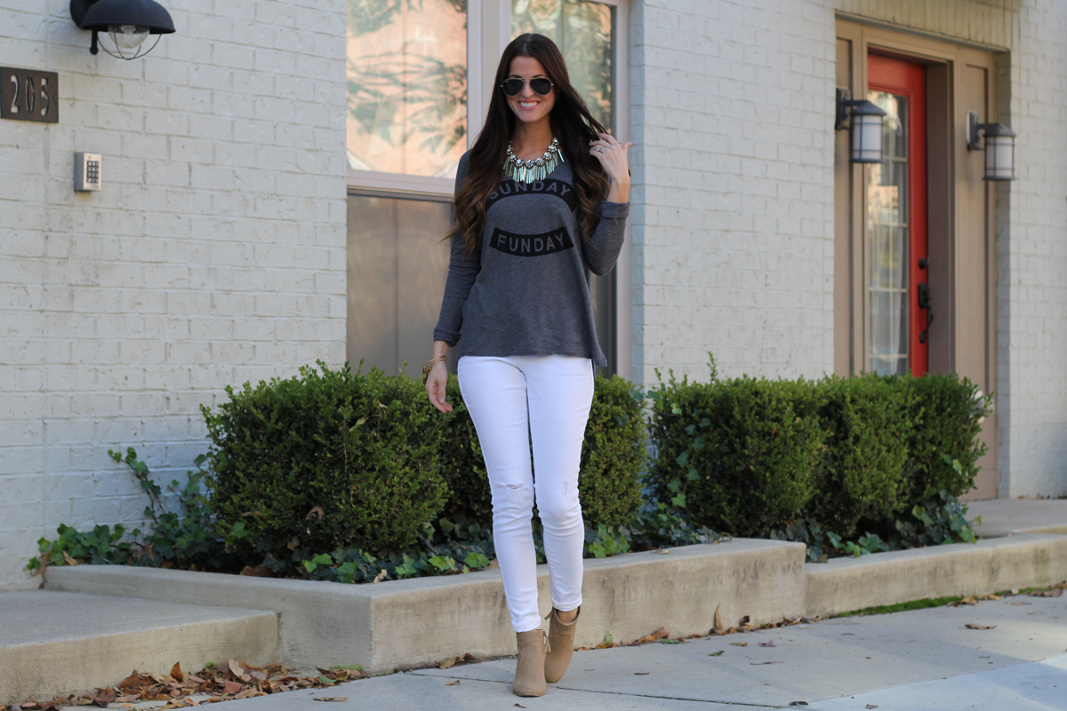 Sunday Funday Graphic Top with Statement Necklace and White Skinny Jeans