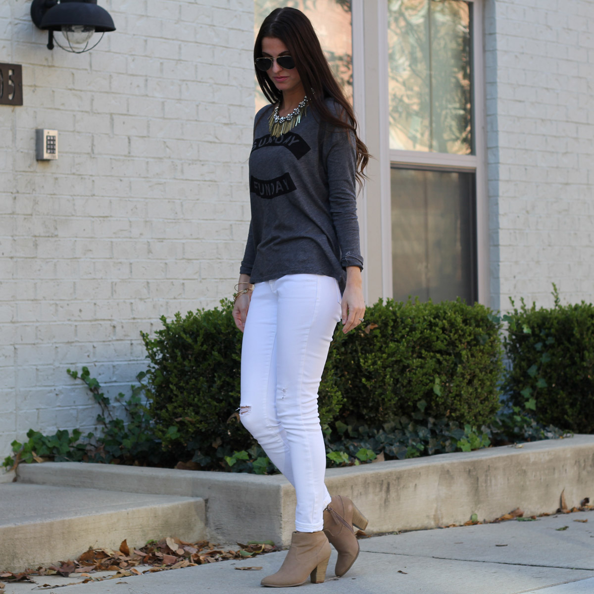 Sunday Funday Graphic Top and Statement Necklace and White Skinny Jeans