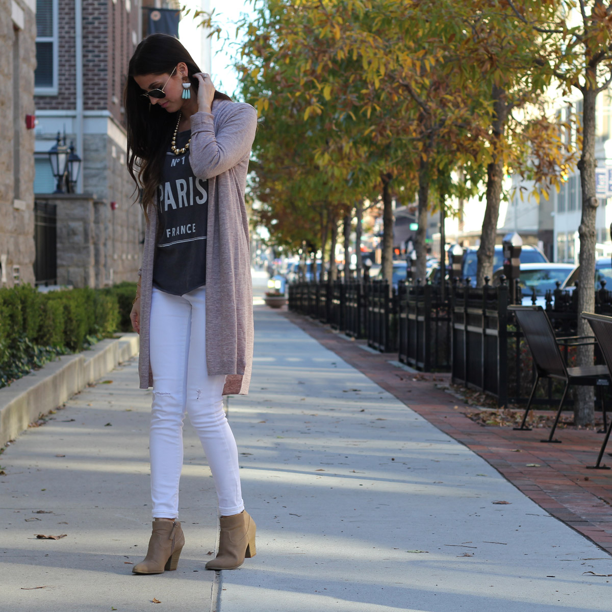Long cardigan and paris graphic top and white skinny jeans