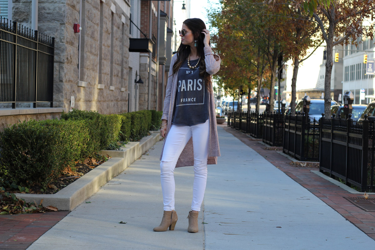 Long cardigan and Paris graphic top and white skinny jeans