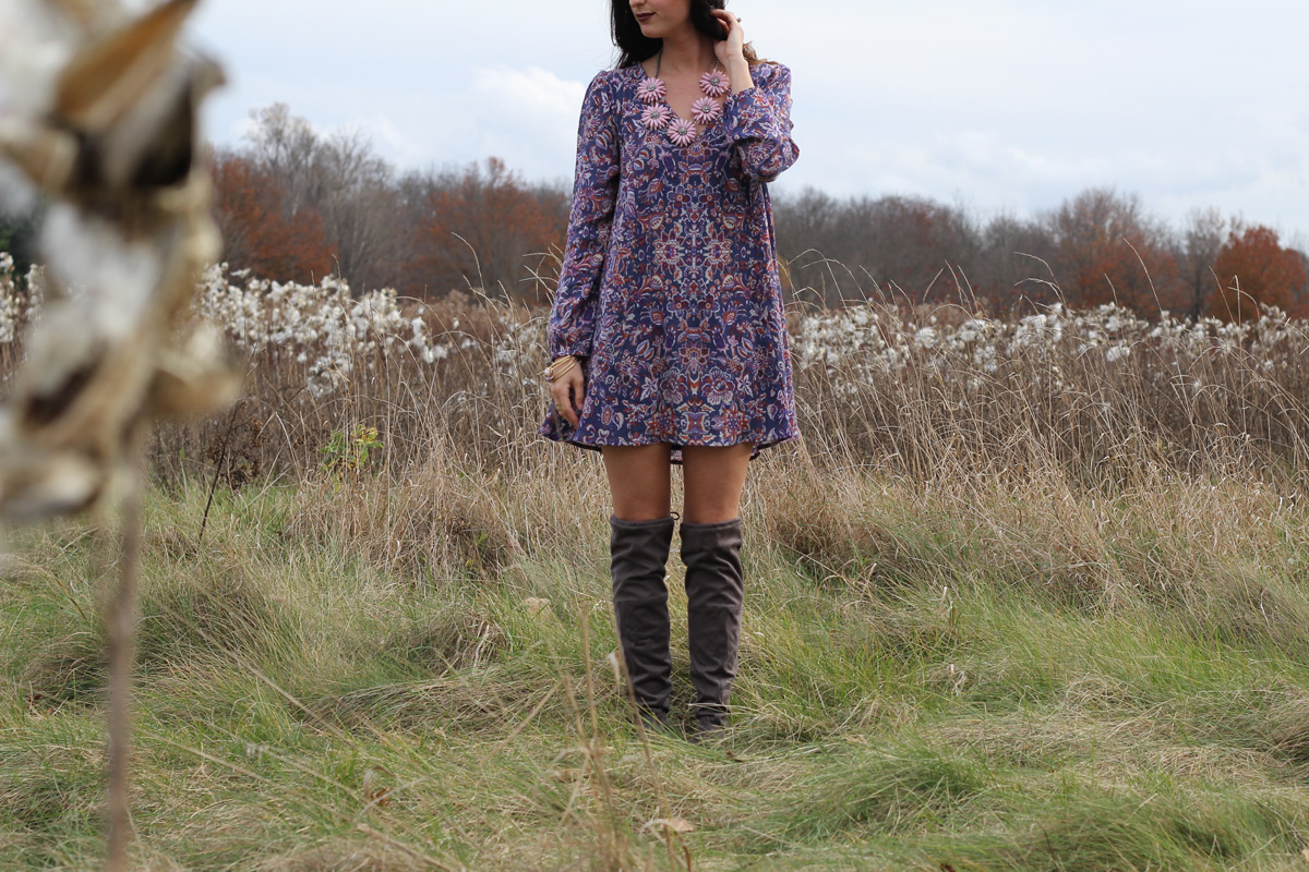 Floral Fall Dress Grey Over the Knee Boots