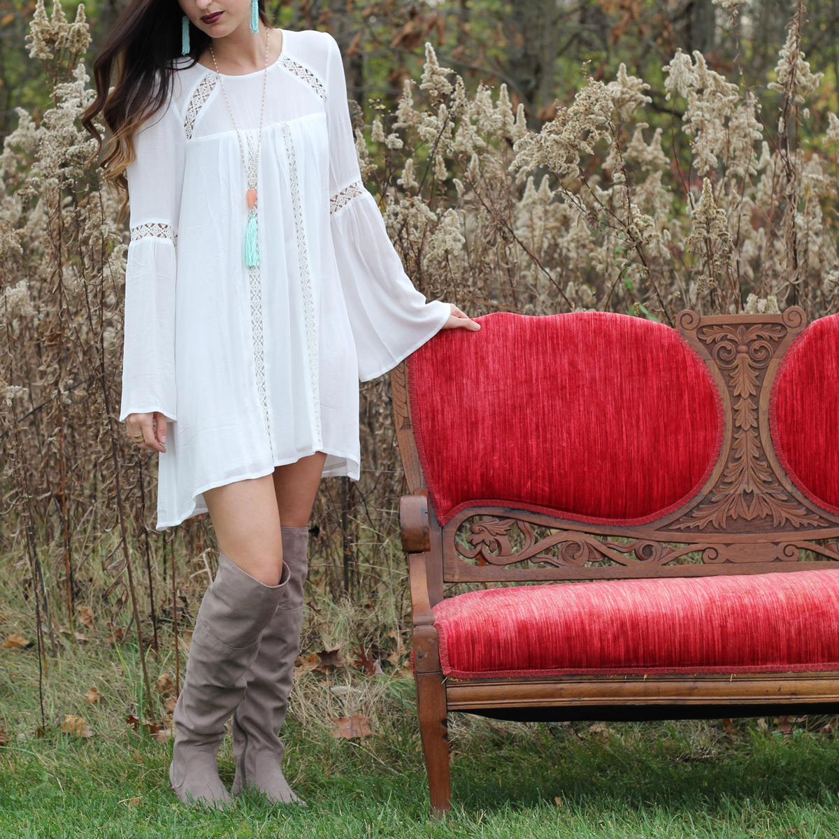 Boho Dress Grey Over the Knee Boots