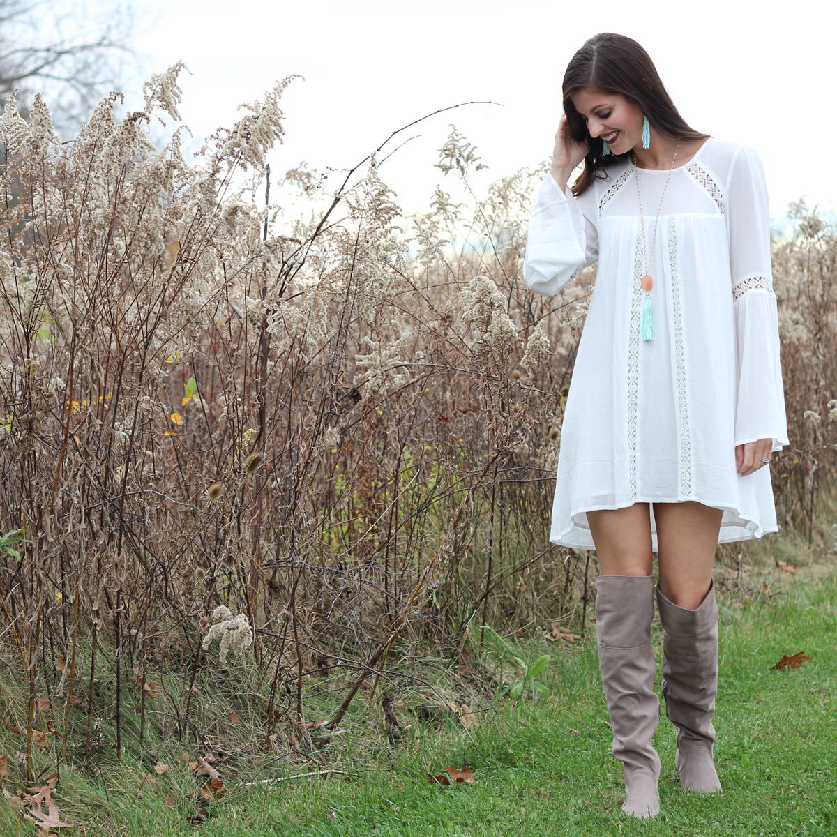 White Boho Long Sleve Dress