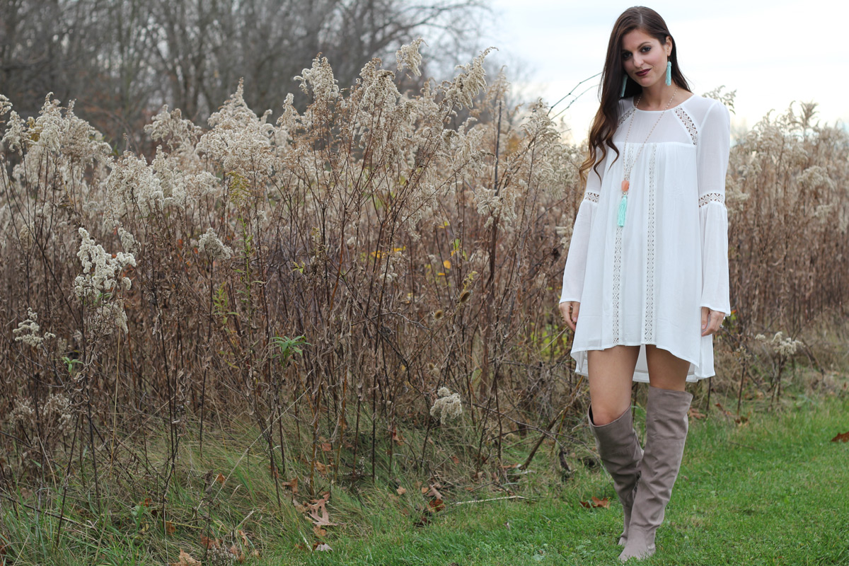White Boho Long-Sleve Dress