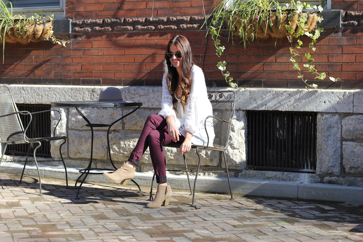 White Boho Top and Burgundy Jeans