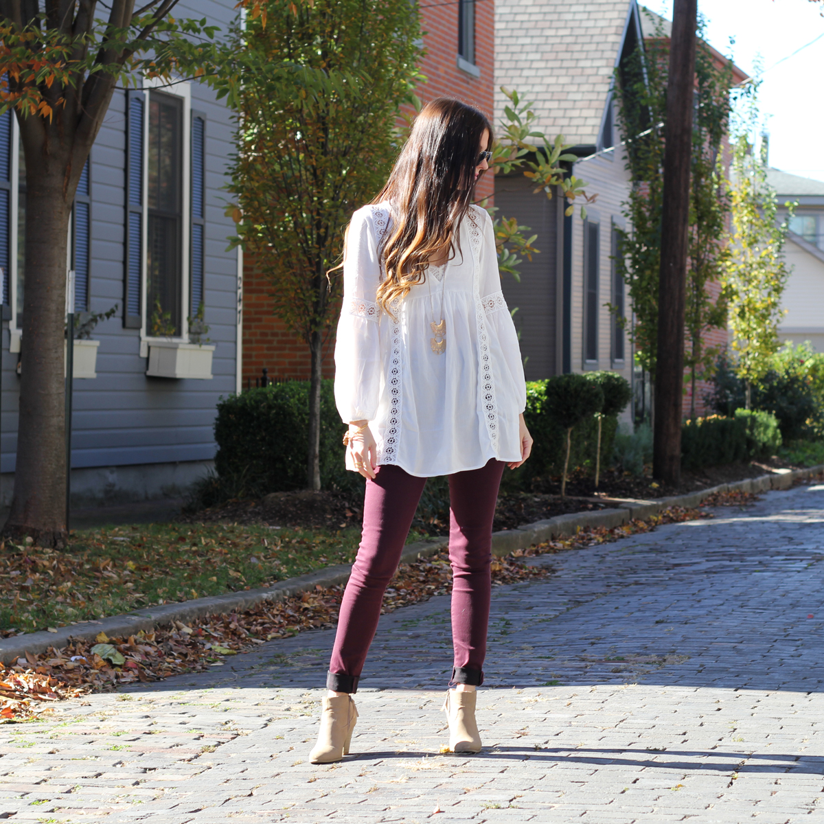 White Boho Top and Burgundy Jeans