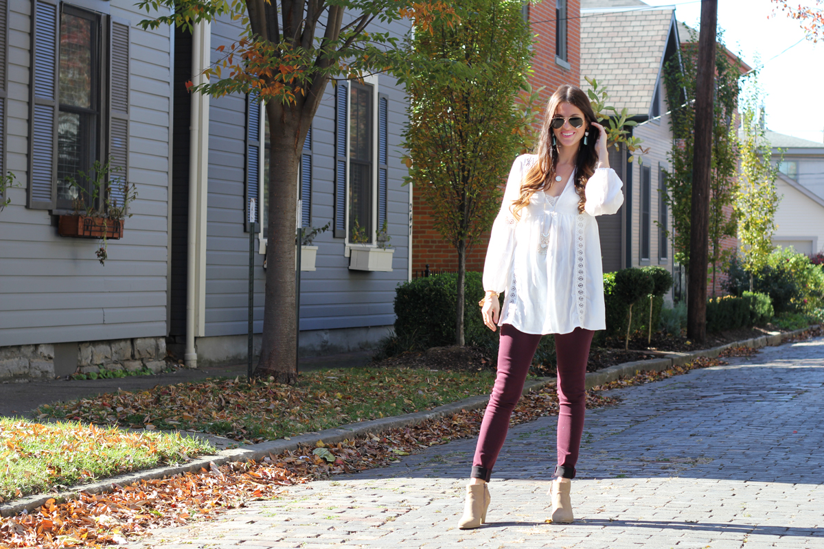 White Boho Top and Burgundy Jeans