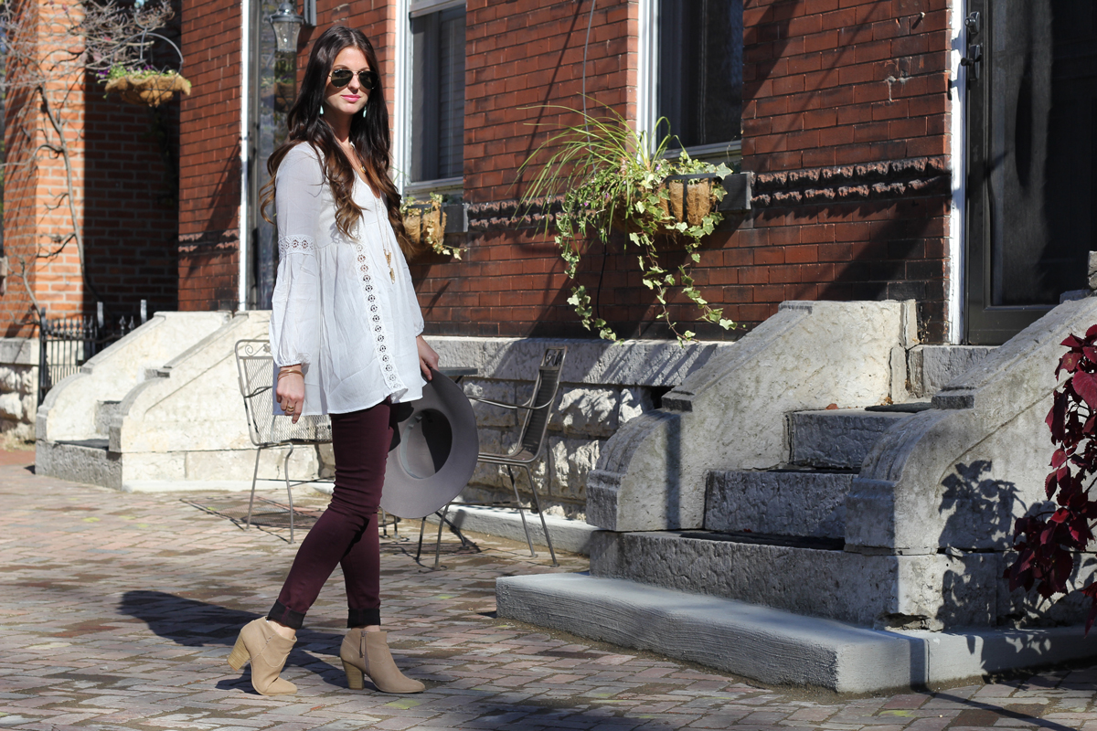 White Boho Top and Burgundy Jeans and Grey Floppy Hat