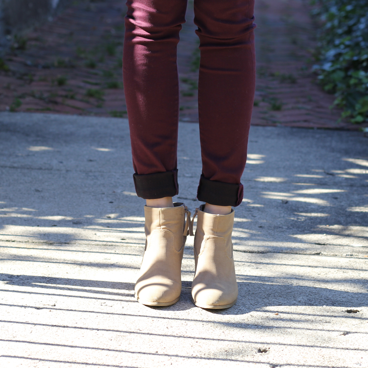 Burgundy Jeans and Tan Booties