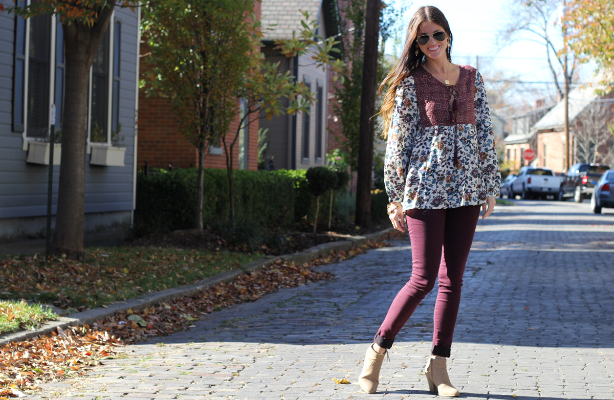 Baby Doll Swing Top and Burgundy Jeans