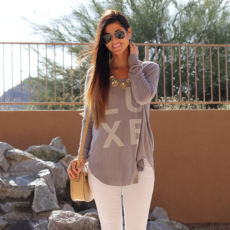 Graphic Top and White Skinny Jeans and Statement Necklace