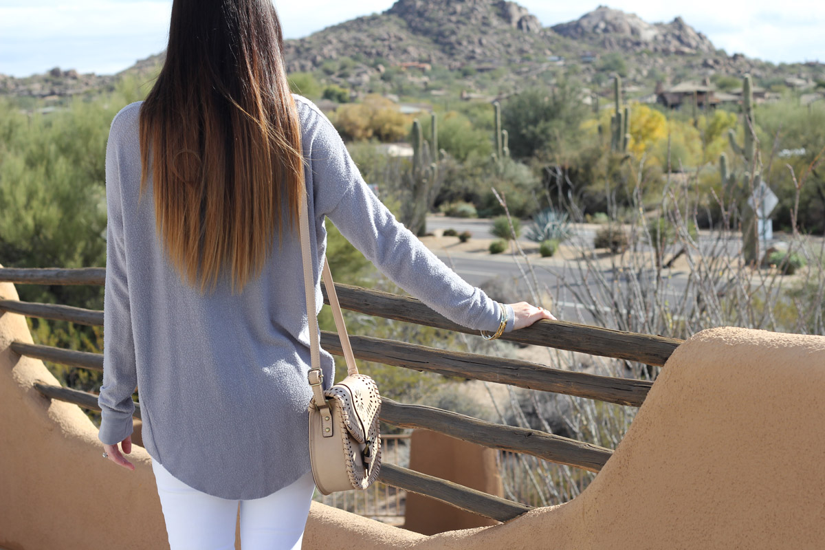 Grey Long Sleeve Top and Nude Crossbody Purse