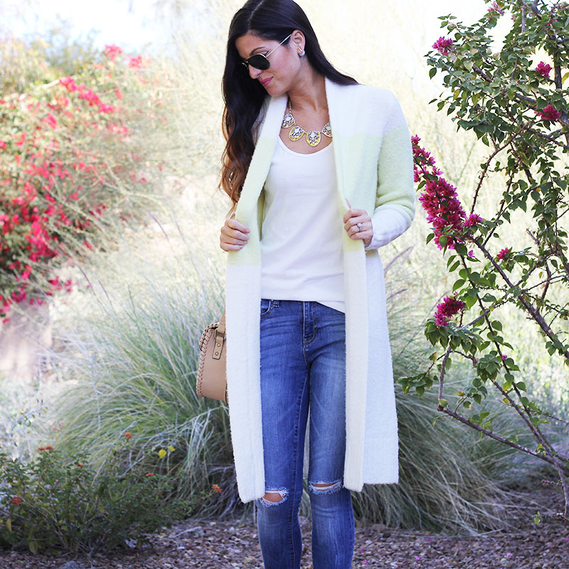Long Cardigan and Distressed Skinny Jeans