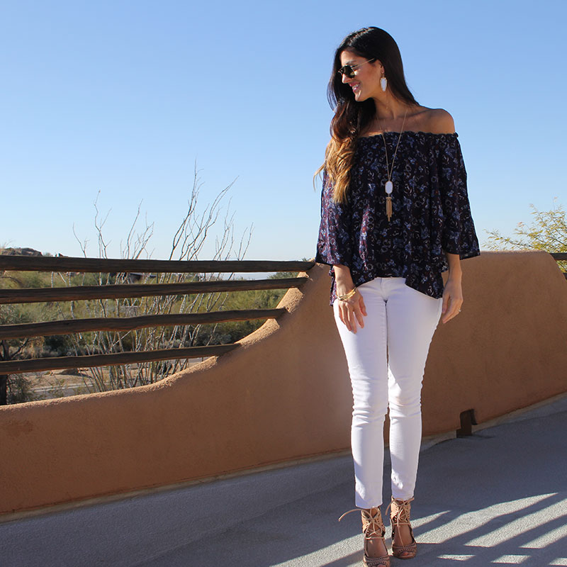 Off the Shoulder Top and White Skinny Jeans