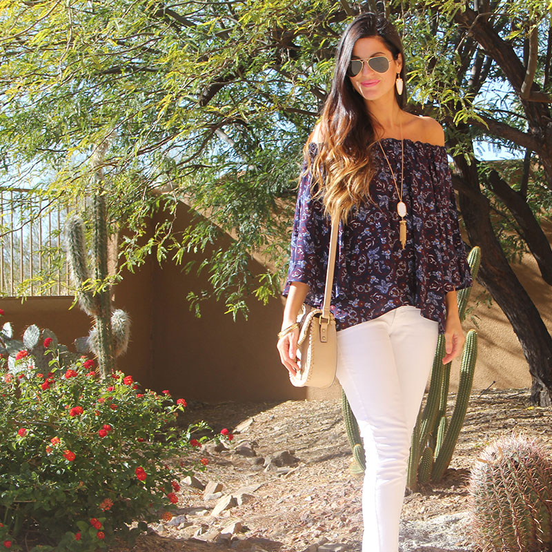 Off the Shoulder Top and White Skinny Jeans