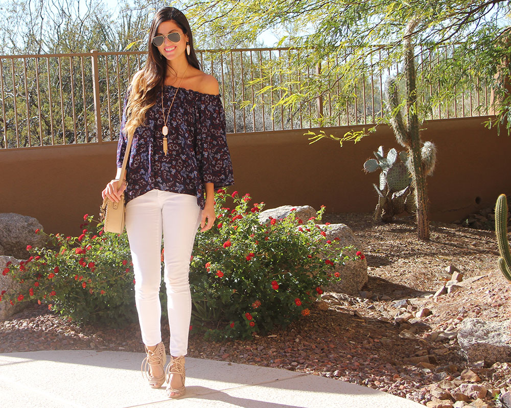 Off the Shoulder Top and White Skinny Jeans