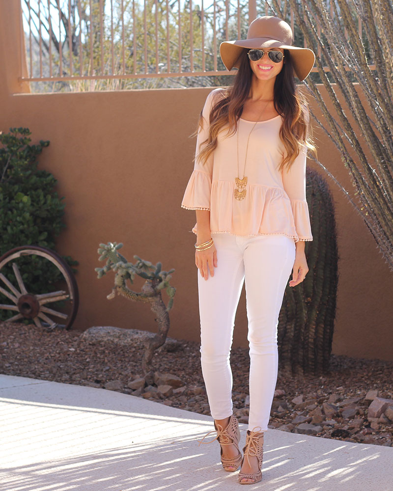 Peach Peplum Top and Floppy Hat
