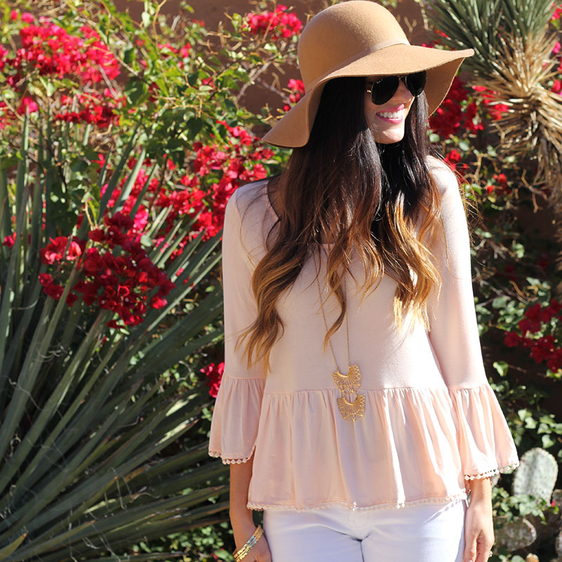 Peach Peplum Top and Floppy Hat