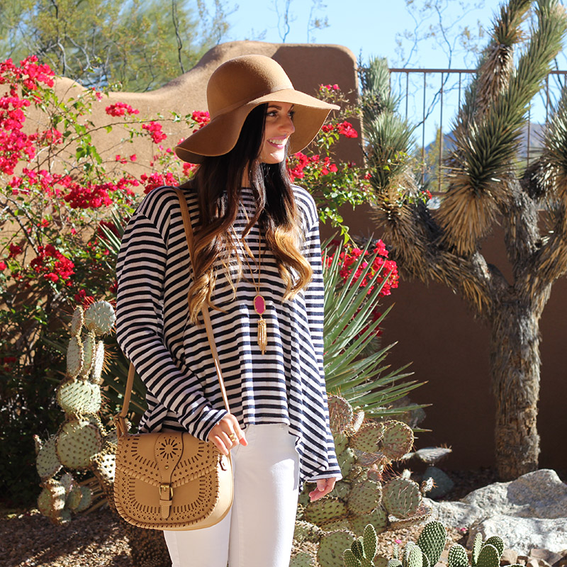 Striped Top and White Skinny Jeans and Floppy Hat