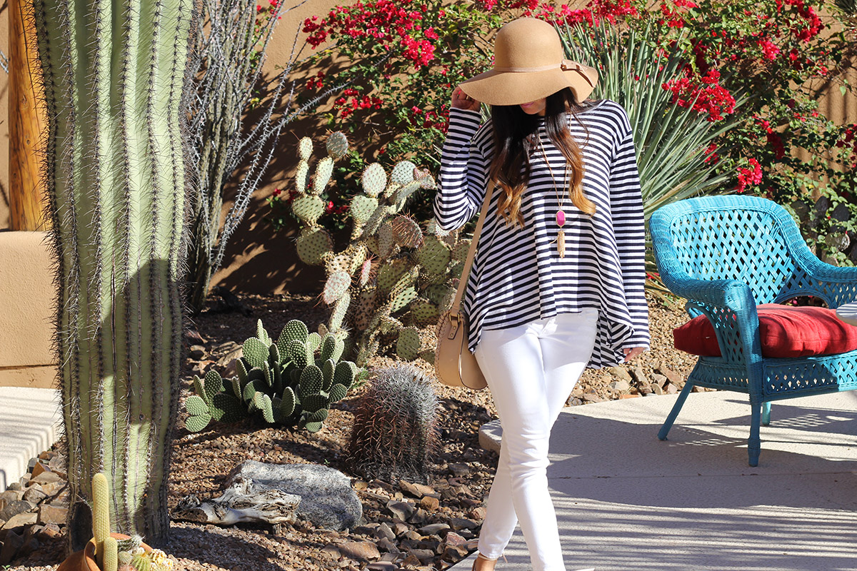 Striped Top and White Skinny Jeans and Floppy Hat
