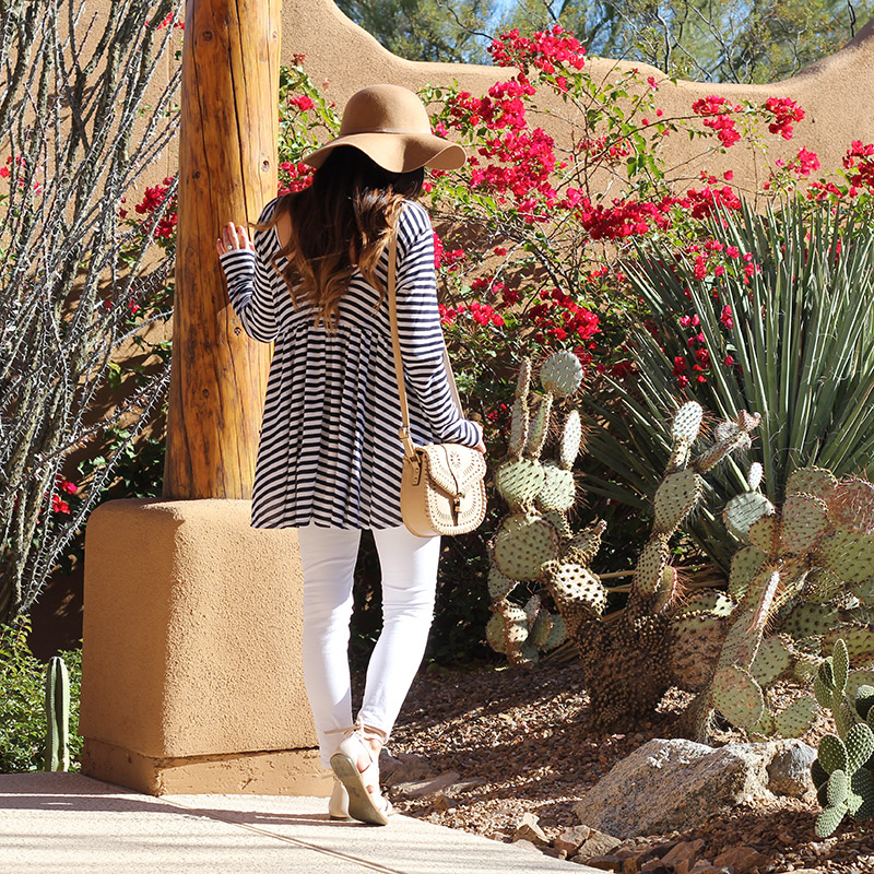 Striped Top and White Skinny Jeans and Floppy Hat