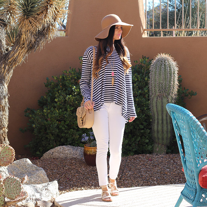 Striped Top and White Skinny Jeans and Floppy Hat