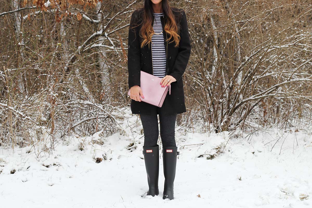 Hunter Boots and Black Coat and Clutch