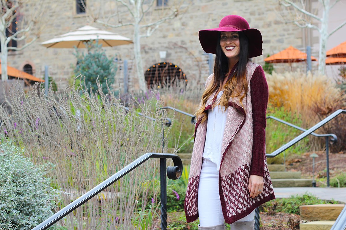 Burgundy Sweater and Floppy Hat