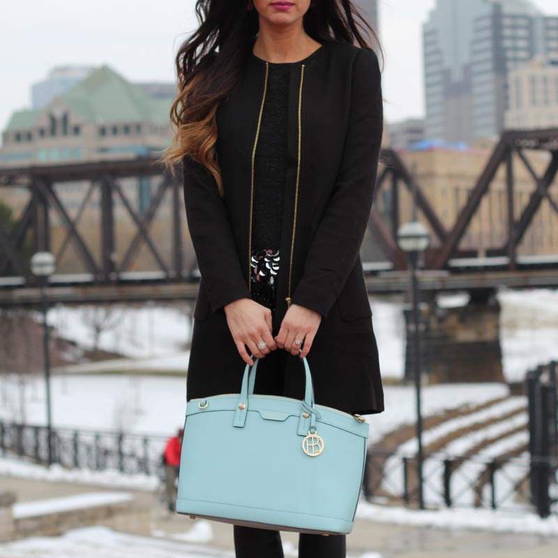 Sequin top and leather leggings and Henri Bendel purse