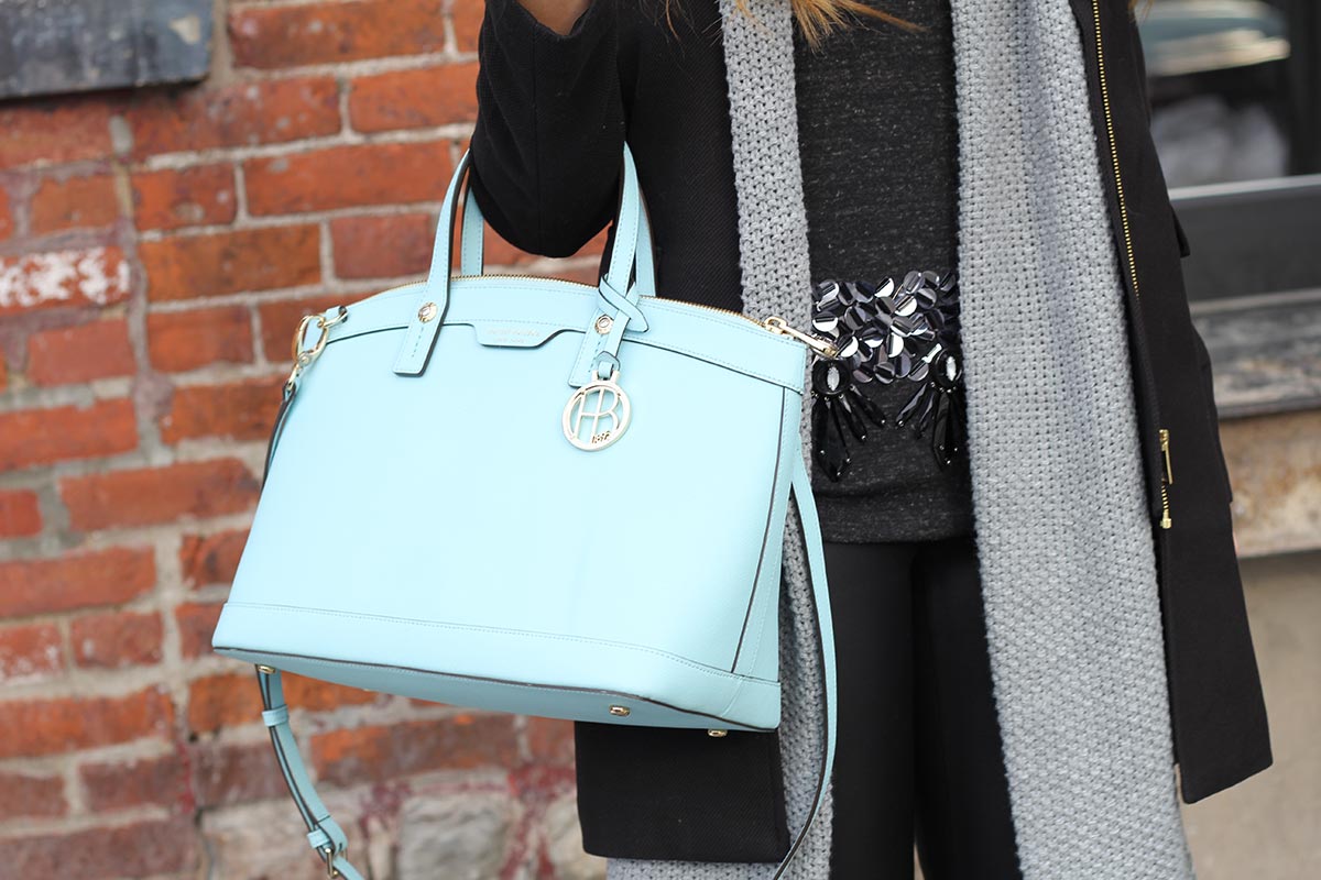 Sequin top and leather leggings and Henri Bendel purse