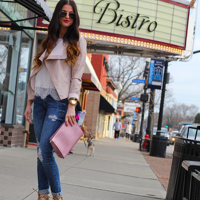 Leather jacket and lace top and leopard wedges