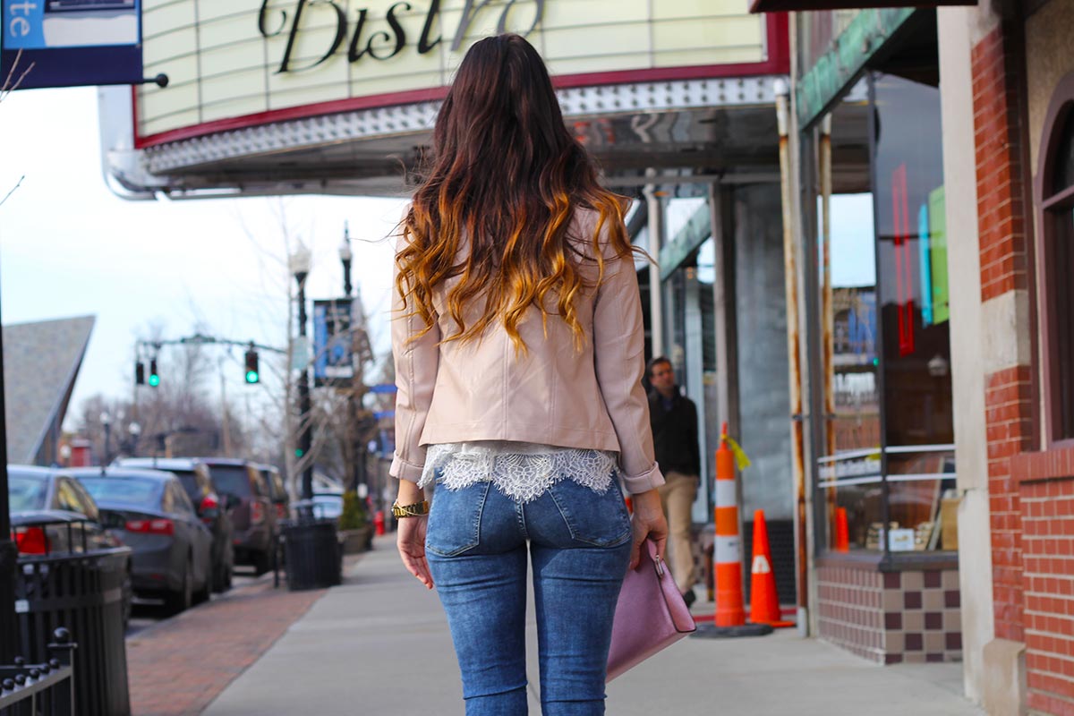Leather jacket and lace top