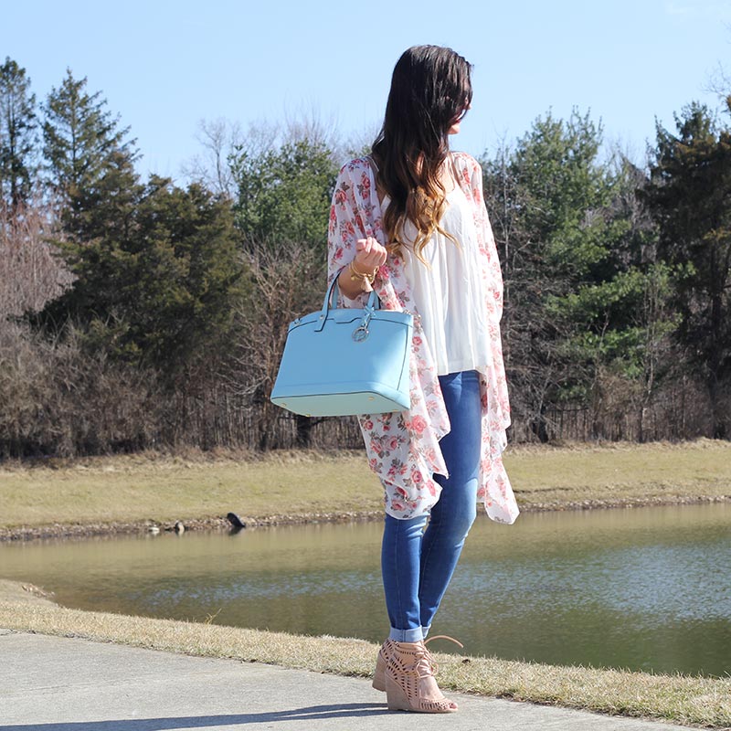 Floral Kimono and Henri Bendel purse and Lace up Wedges