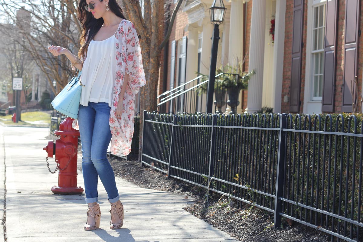 Floral Kimono and Henri Bendel purse and Lace up Wedges
