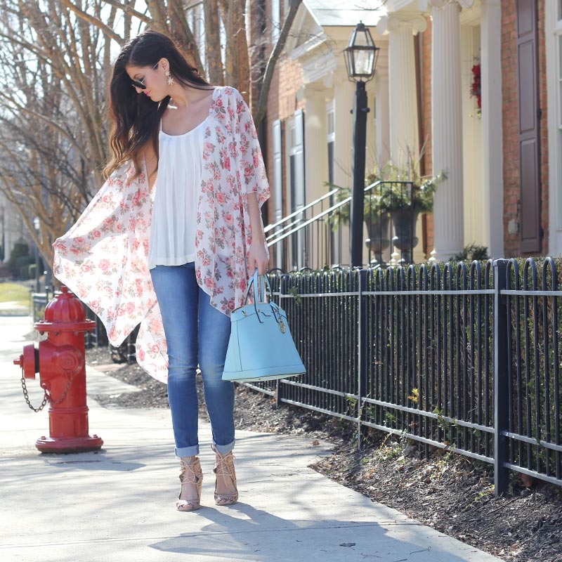 Floral Kimono and Henri Bendel purse and Lace up Wedges