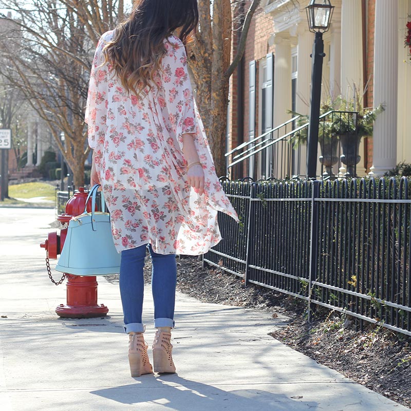 Floral Kimono and Henri Bendel purse and Lace up Wedges