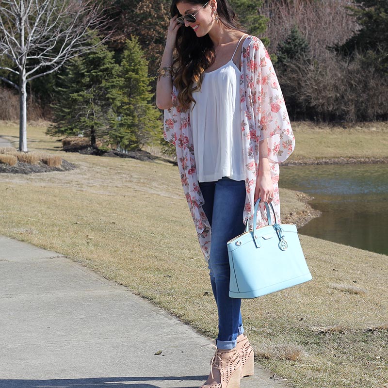 Floral Kimono and Henri Bendel purse and Lace up Wedges