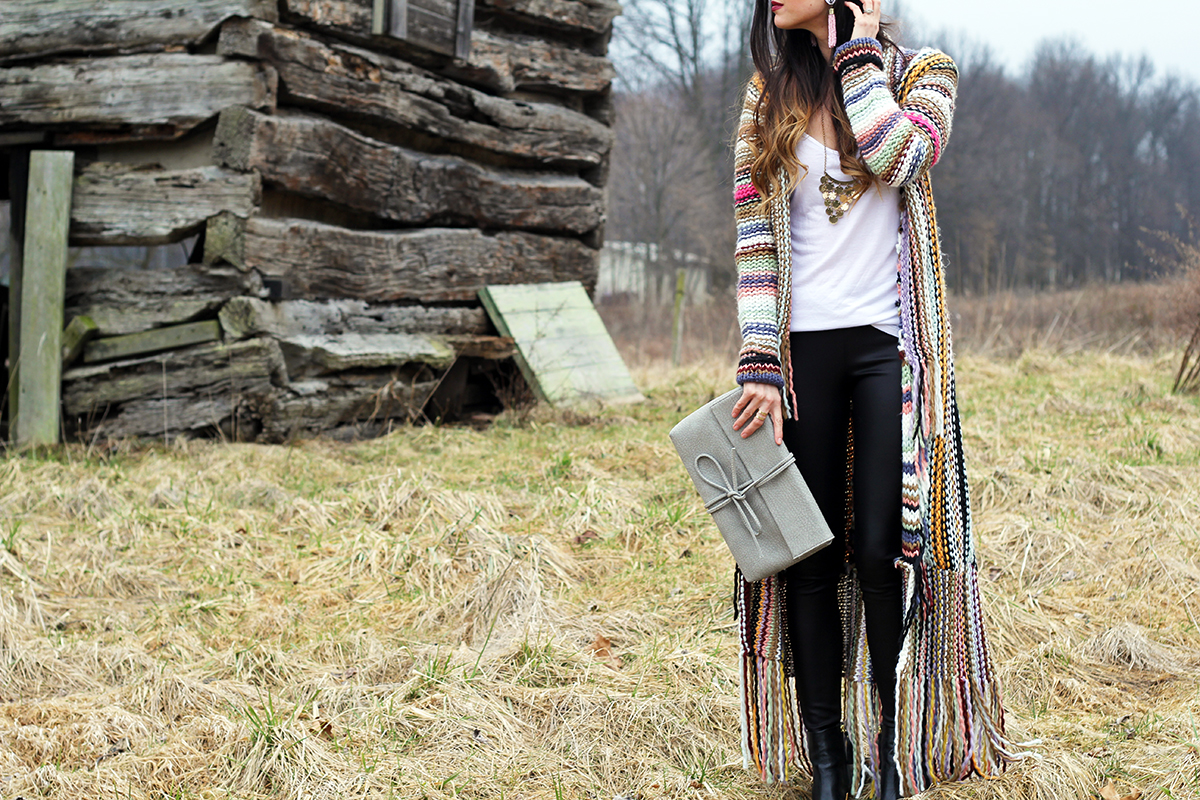 Colorful long sweater and Bow Clutch