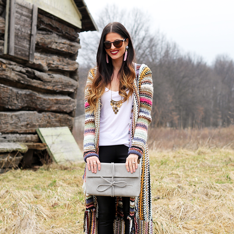 Colorful long sweater and Bow Clutch