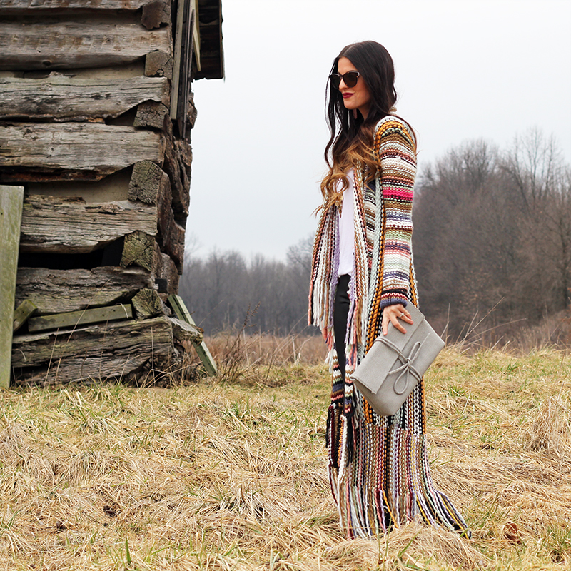 Colorful long sweater and Bow Clutch