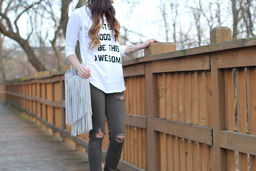 Distressed green jeans and leopard wedges