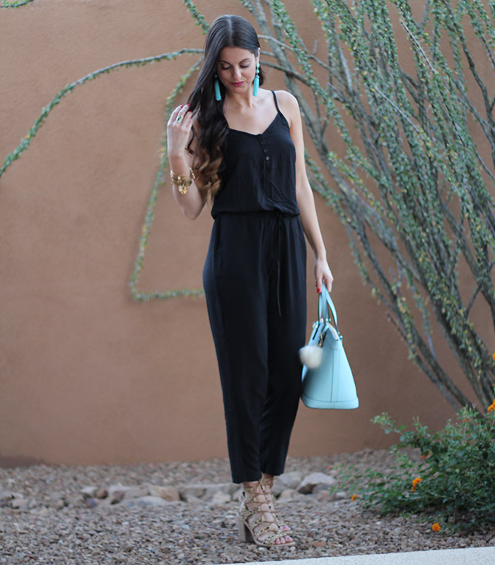 Black Jumpsuit and Turquoise Earrings