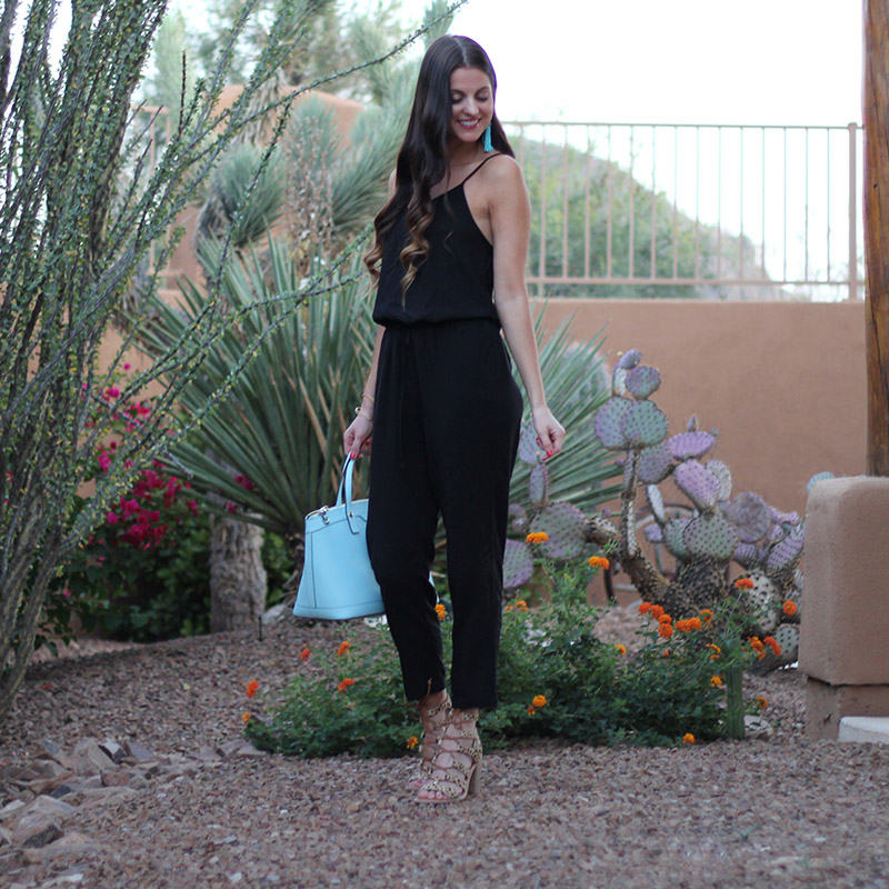 Black Jumpsuit and Turquoise Earrings