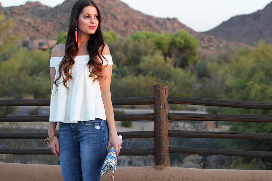 White Off-the-Shoulder Top and Colorful Clutch
