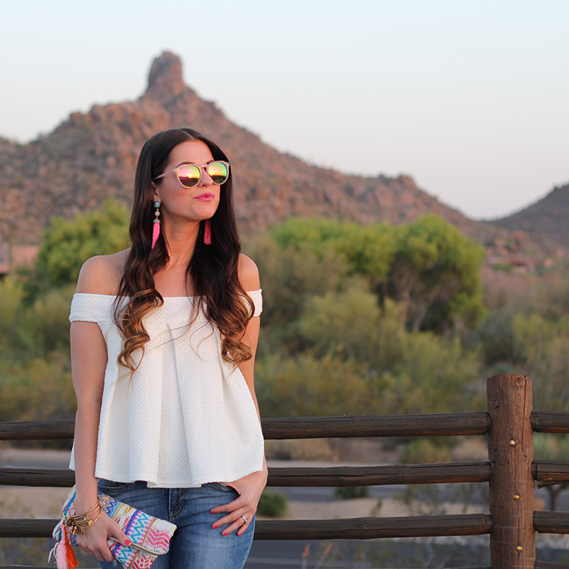 White Off-the-Shoulder Top and Colorful Clutch
