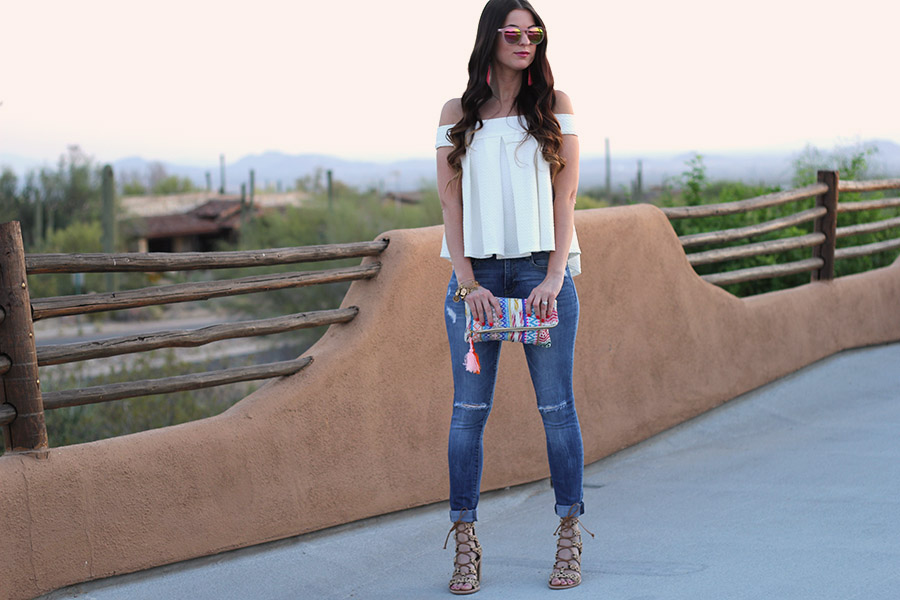 White Off-the-Shoulder Top and Colorful Clutch