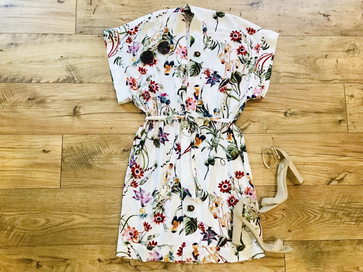 Floral Kimono Dress + Nude Heels